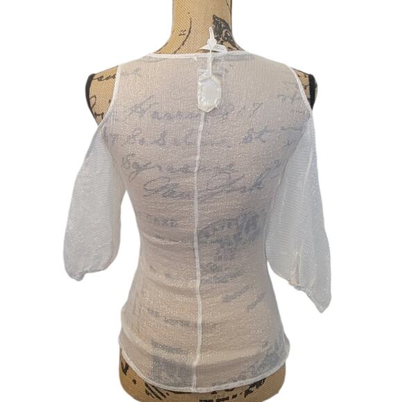 Maje Small (1) sheer cream pink and gold striped cold shoulder blouse - Picture 4 of 8